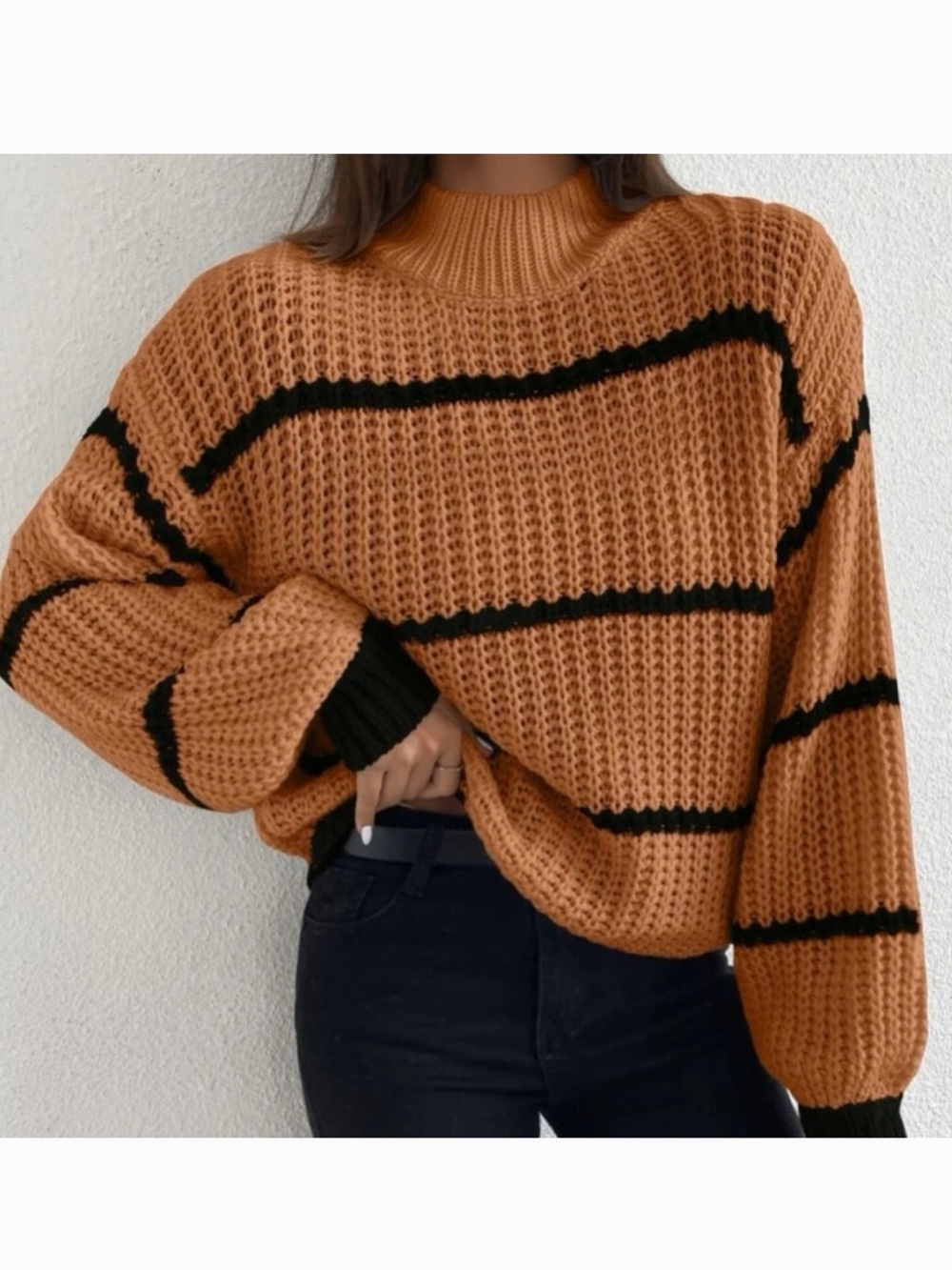 orange & black striped sweater with mock neck